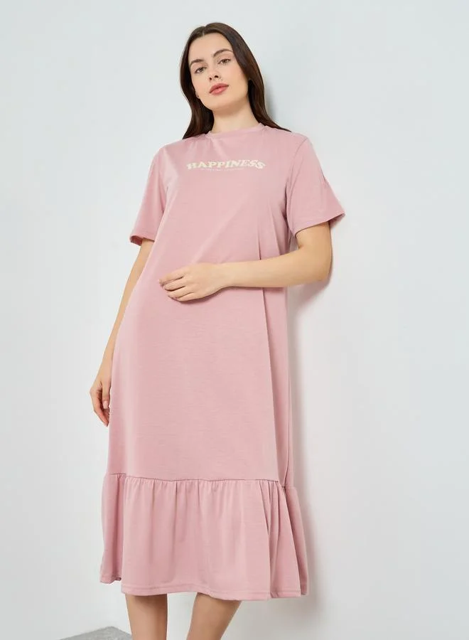 Styli Women Happiness Slogan Wide Ruffle T-Shirt Dress