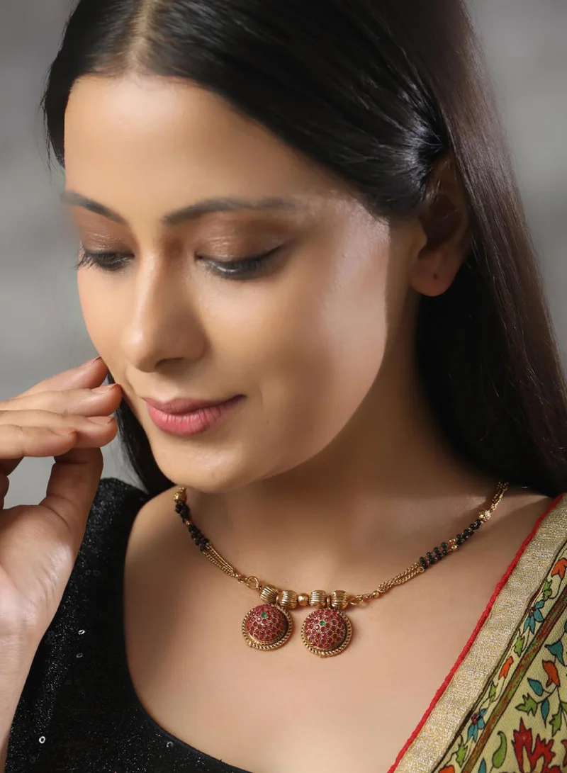 Priyaasi Pink  Black AD-Studded  Beaded Mangalsutra