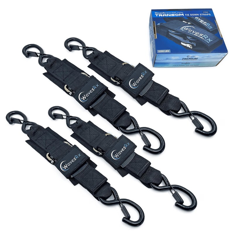WavesRx Jet Ski & PWC Trailer Transom Straps (4PK) | 24" Marine Tie Downs Adjustable Safety Straps | Outperforms Ratcheting and Retractable Straps | JetSki Accessories for Safe & Secure Transportation - Image 1