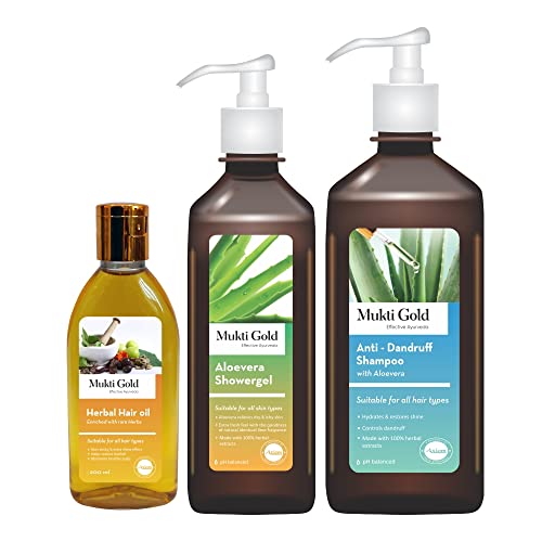 Axiom Mukti Gold Combo of Anti-Dandruff Shampoo 400mL + Showergel 150mL + Hair Oil 100mL | Blend of 14+ Ayurvedic Herbs | For Dandruff, Hair Growth and Hair Fall | Ayurvedic Prodcuts - Image 1