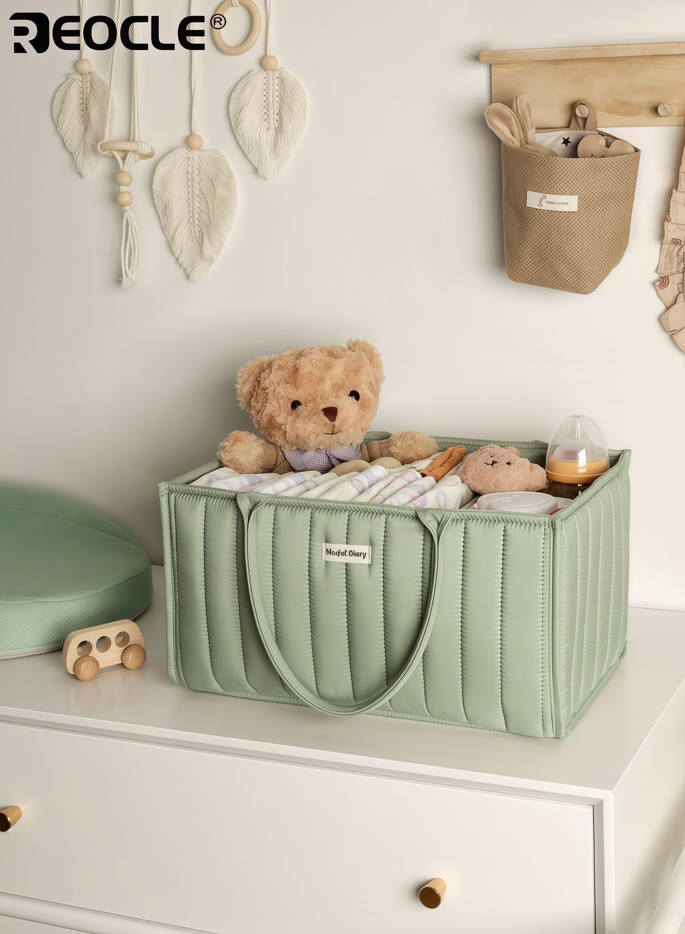 REOCLE Baby's Diaper Caddy with Storage Basket Design and Portable Handle Nursery Organizer with Stylish Pattern for Baby Shower Essentials