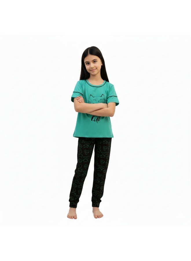 JOANNA Girl's Love Your Cat Print Short Sleeve Shirt & Long Pants Pajama Set, Mint Green - Image 2