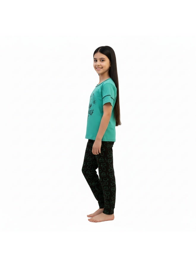 JOANNA Girl's Love Your Cat Print Short Sleeve Shirt & Long Pants Pajama Set, Mint Green - Image 3