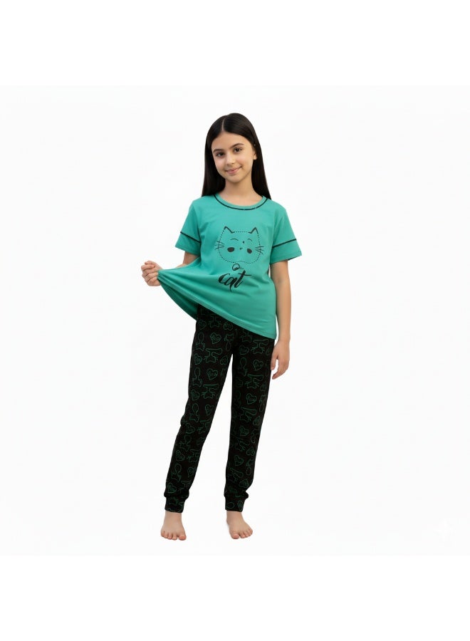JOANNA Girl's Love Your Cat Print Short Sleeve Shirt & Long Pants Pajama Set, Mint Green - Image 4