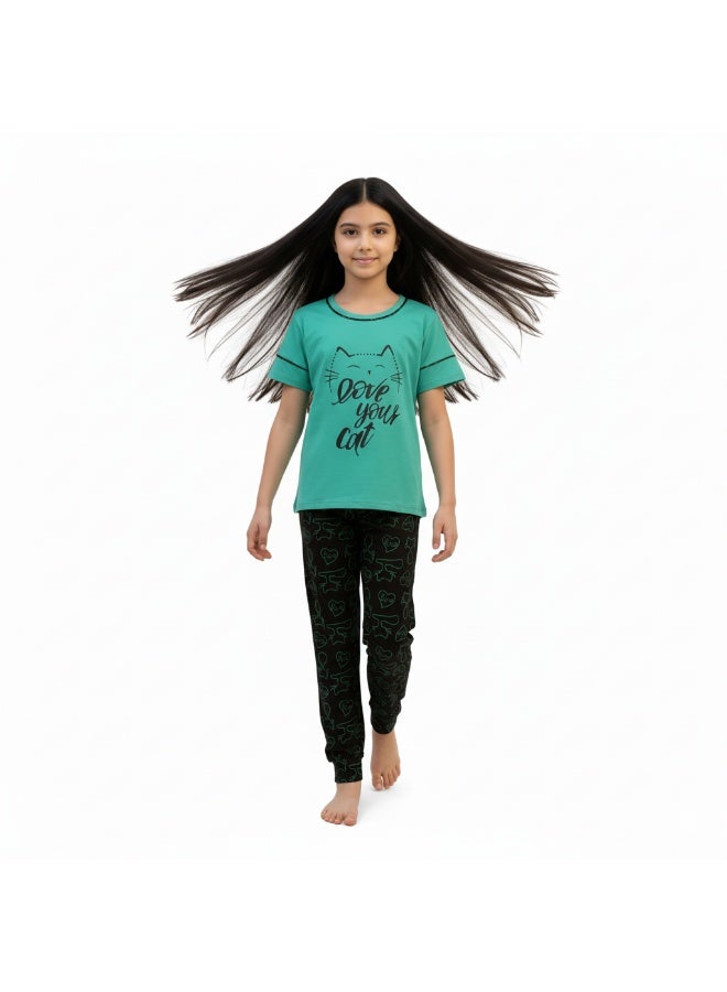 JOANNA Girl's Love Your Cat Print Short Sleeve Shirt & Long Pants Pajama Set, Mint Green - Image 5