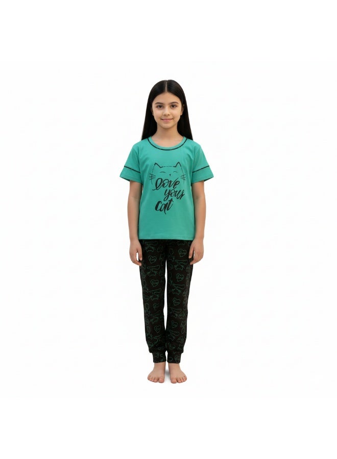 JOANNA Girl's Love Your Cat Print Short Sleeve Shirt & Long Pants Pajama Set, Mint Green - Image 1