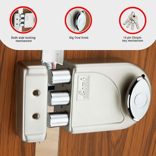 Link Heavy-Duty Main Door Rim Lock with 14-Pin Dimple Key Technology, Big Oval Brass Knob, and 3 Dead Bolts | Silver | 10 Years Warranty - Image 2