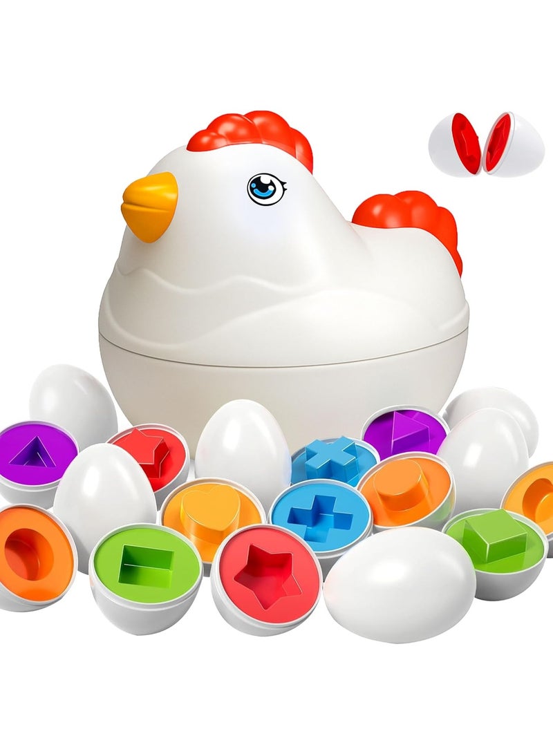 Matching Eggs Montessori Toy for Toddlers 1-5 Ages – 12 Pcs Shape & Color Puzzle in Chicken Case – Educational Baby Toys for Girls & Boys – Learning Toys and Games for Kids Ages 1 2 3 4 5