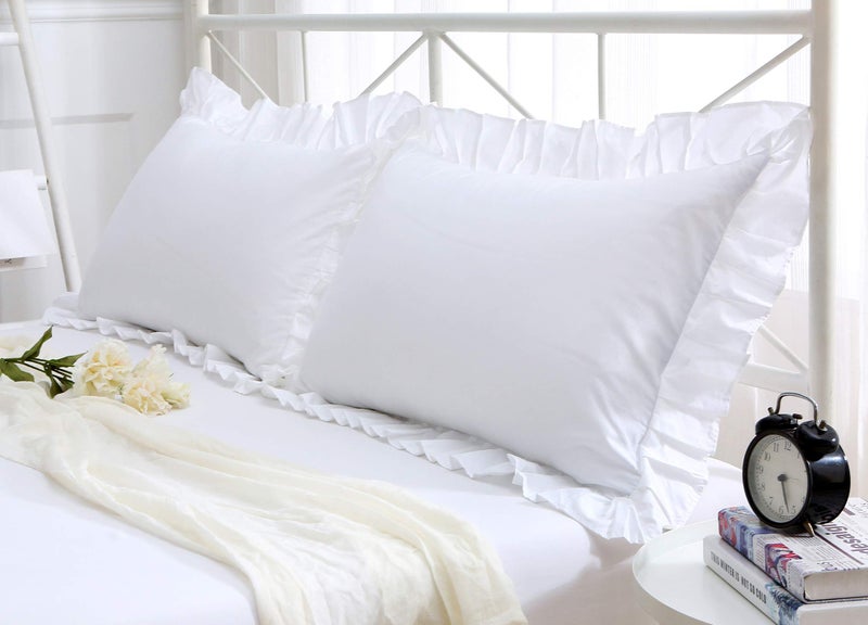Meaning4 Ruffles Pillow Cases Shams Covers White Queen Size 2 Pack Egyptian Cotton 20x30 inches Soft Thick