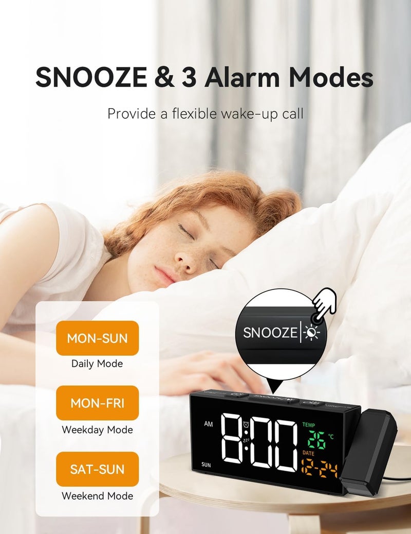 Netzu Projection Clock for Bedroom Ceiling, Alarm Clocks with 180° Rotatable Projector, Date Temperature and Weekday, Manual DST, 5 Brightness, 10 Ringtones, 4 Volumes and Snooze (Black) - Image 5