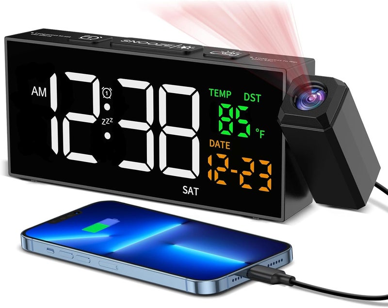 Netzu Projection Clock for Bedroom Ceiling, Alarm Clocks with 180° Rotatable Projector, Date Temperature and Weekday, Manual DST, 5 Brightness, 10 Ringtones, 4 Volumes and Snooze (Black) - Image 1
