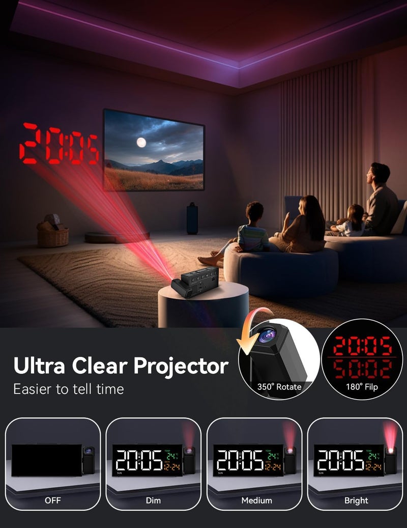 Netzu Projection Clock for Bedroom Ceiling, Alarm Clocks with 180° Rotatable Projector, Date Temperature and Weekday, Manual DST, 5 Brightness, 10 Ringtones, 4 Volumes and Snooze (Black) - Image 2