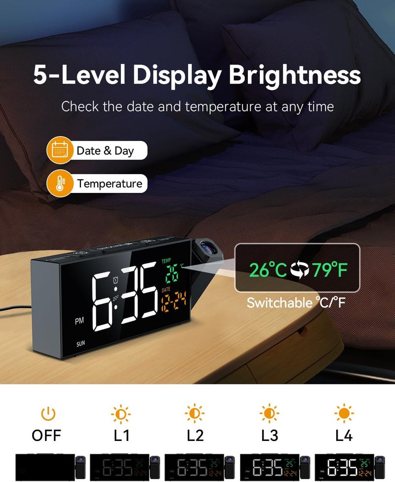 Netzu Projection Clock for Bedroom Ceiling, Alarm Clocks with 180° Rotatable Projector, Date Temperature and Weekday, Manual DST, 5 Brightness, 10 Ringtones, 4 Volumes and Snooze (Black) - Image 4