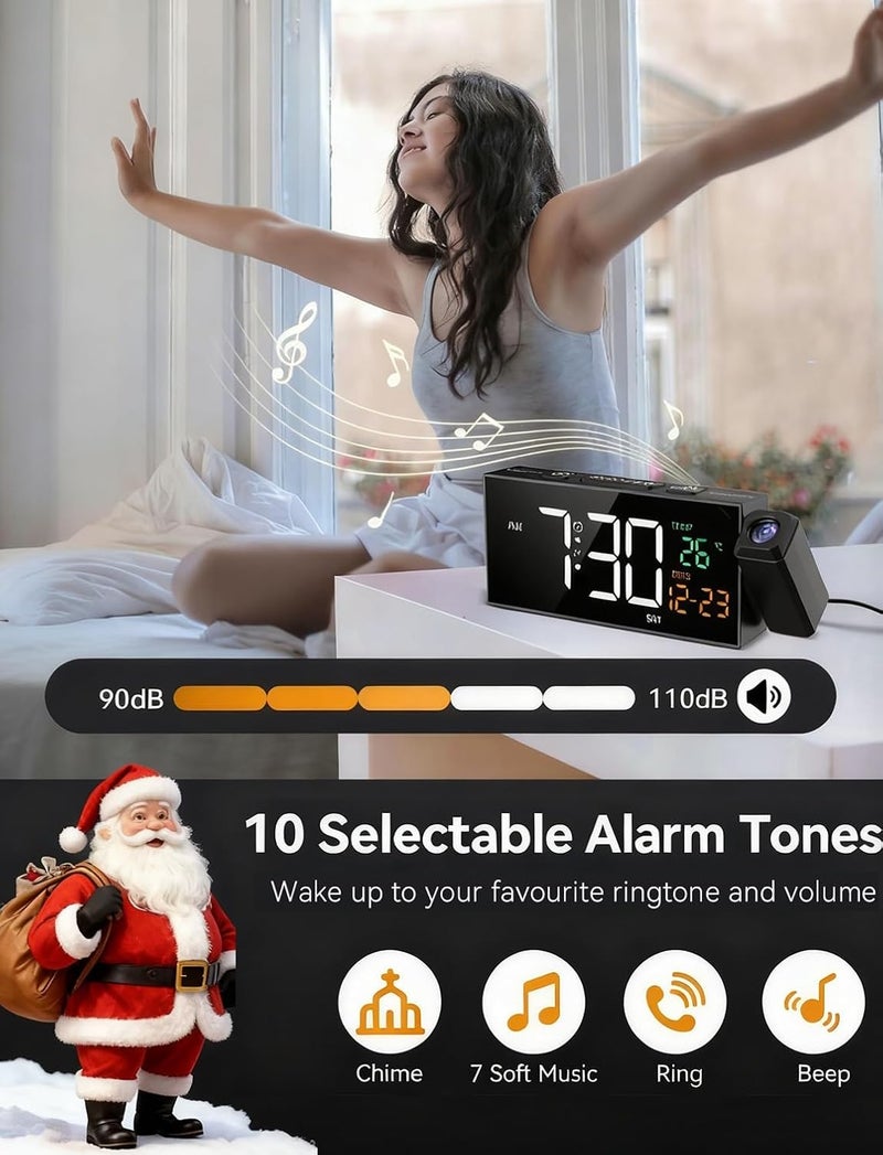 Netzu Projection Clock for Bedroom Ceiling, Alarm Clocks with 180° Rotatable Projector, Date Temperature and Weekday, Manual DST, 5 Brightness, 10 Ringtones, 4 Volumes and Snooze (Black) - Image 3