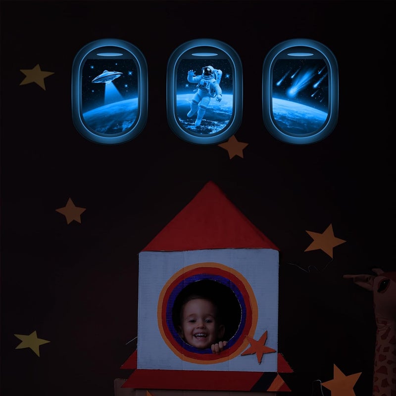 Robmoda Glow in The Dark 3D Space Wall Decals Set of 3 Galaxy Window Stickers for Wall Space Themed Room Decor for Kids Boys Blue - Image 2