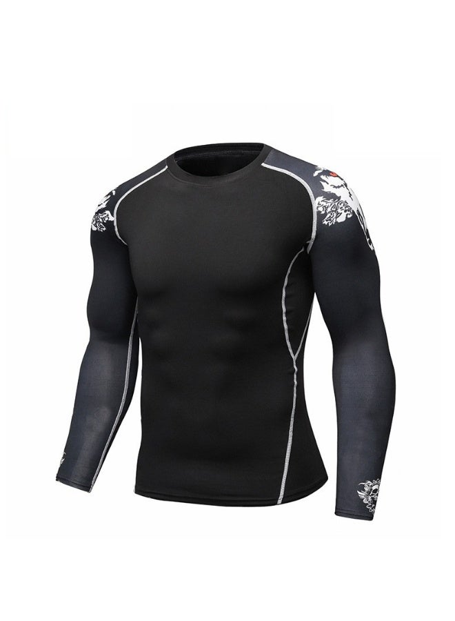 Men's Long Sleeve Fitness Print T Shirt Running Training Sports Tights Tops Fast Drying Elastic Sportswear Tees - Image 1