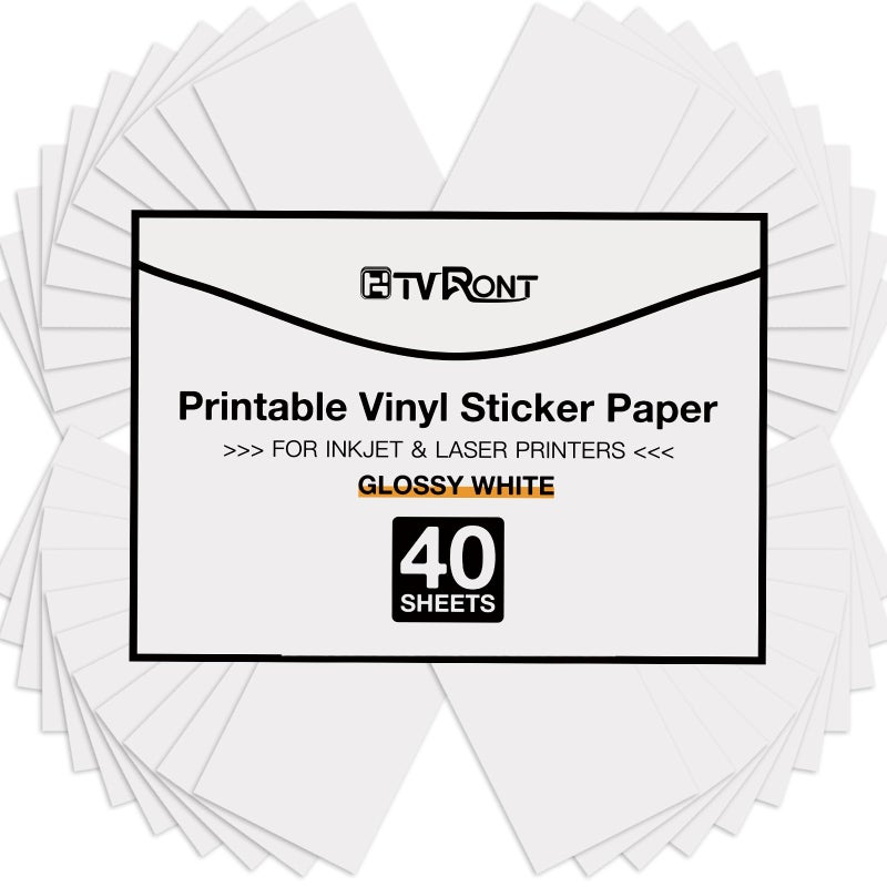 HTVRONT Printable Vinyl for Inkjet Printer & Laser Printer - 40 Pcs Glossy White Inkjet Printable Vinyl Sticker Paper, 8.5"x11" (140 g) - Image 1