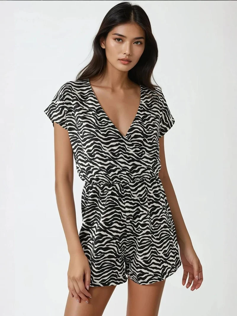 Printed V-Neck Mini Jumpsuit with Short Legs Busem Collection