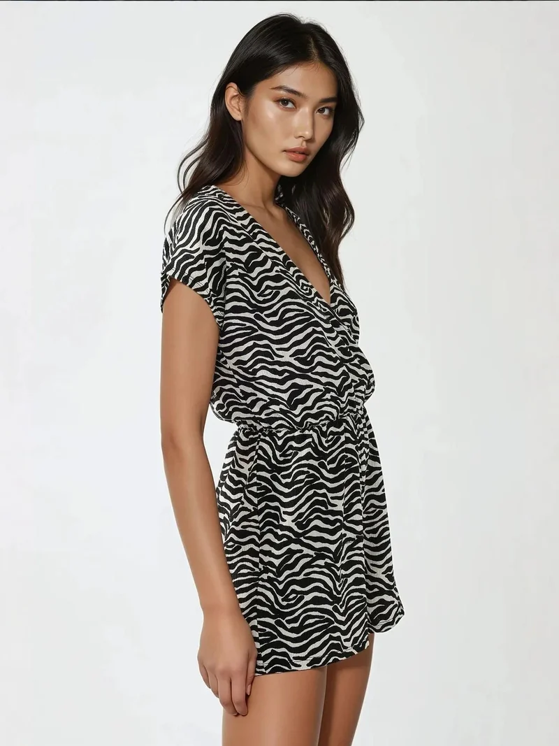 زوبعة جمبسوت قصير بطبعة وياقة على شكل حرف  من مجموعة بوسم