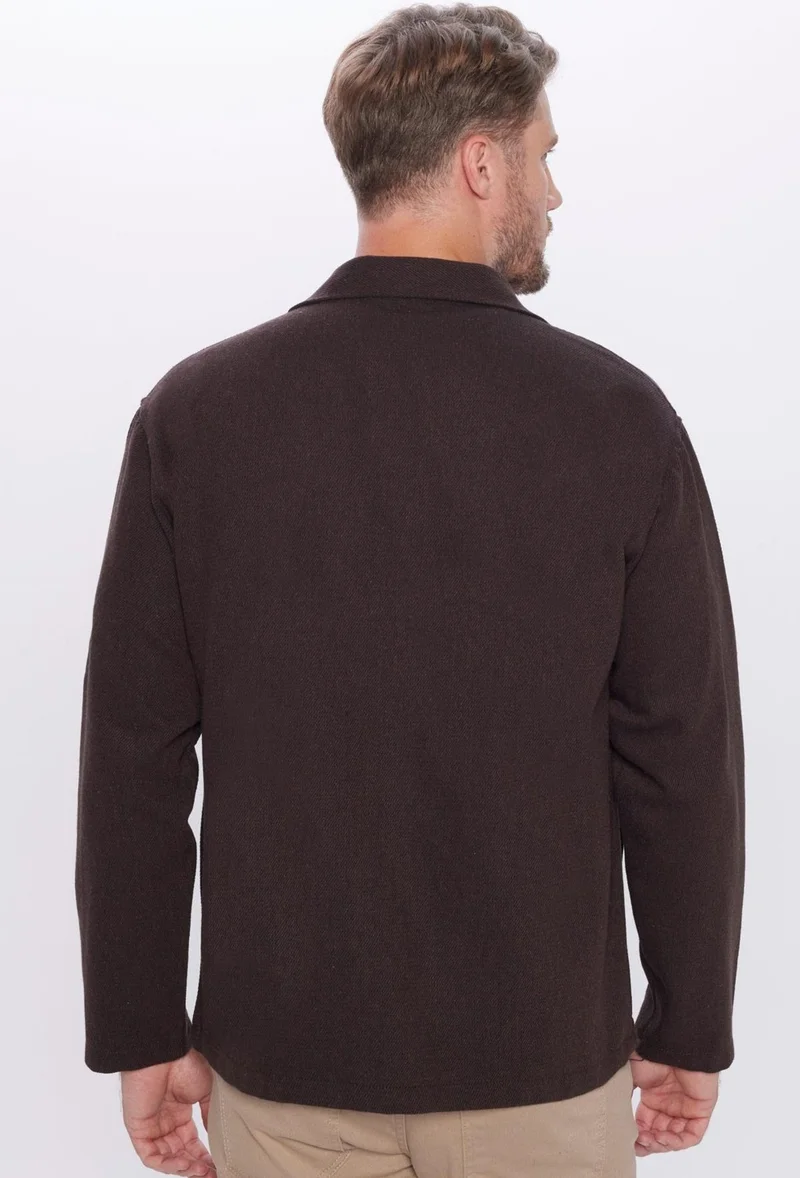 Tudors Men's Relax Fit Casual Cut Zippered Pocket Winter Brown Stand Collar Jacket Shirt
