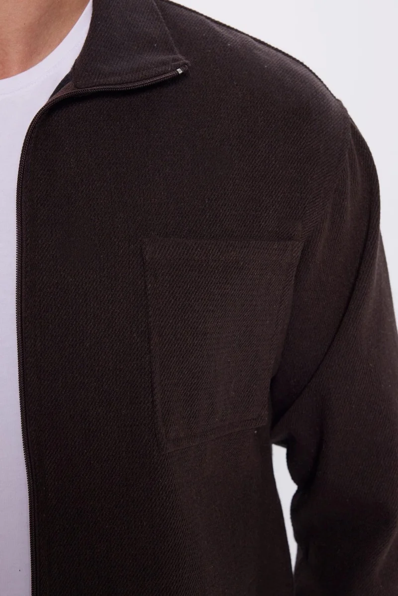 Tudors Men's Relax Fit Casual Cut Zippered Pocket Winter Brown Stand Collar Jacket Shirt