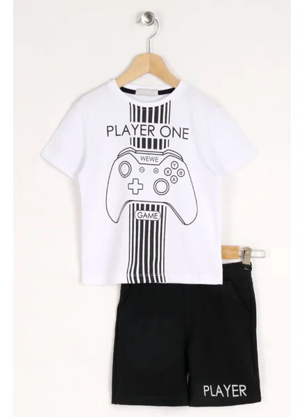 Zepkids Boy White Black Colorful Player One Text Printed Shorts Set
