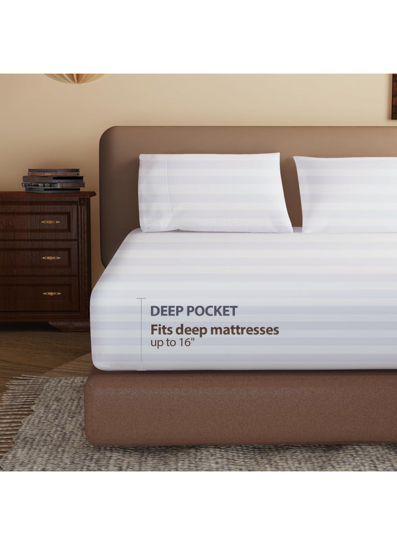 Zaizaihome 100% Egyptian Cotton Fitted Sheet Full Size  600 Thread Count  Single Fitted Sheet Only 16"" Deep Pocket Sheet  Soft & Elastic Sateen Weave Bottom Sheet for Hotel & Home (White-Stripe  Full)  - Image 3