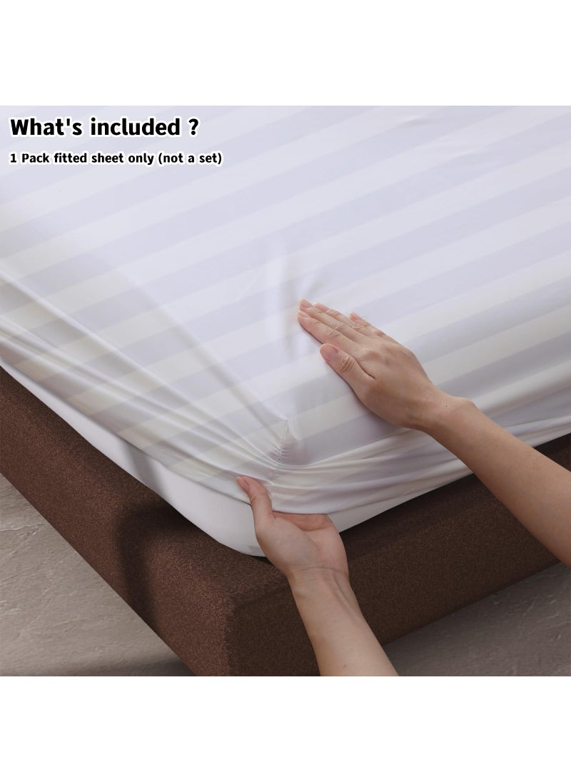 Zaizaihome 100% Egyptian Cotton Fitted Sheet Full Size  600 Thread Count  Single Fitted Sheet Only 16"" Deep Pocket Sheet  Soft & Elastic Sateen Weave Bottom Sheet for Hotel & Home (White-Stripe  Full)  - Image 4