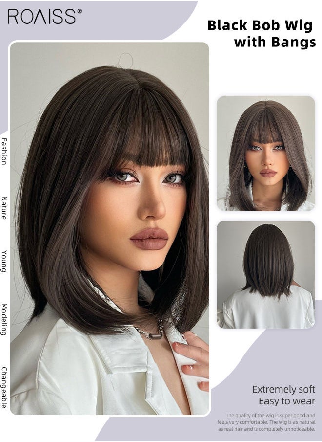 roaiss Black Bob Wig with Bangs, Short Straight Hair Wig for Women, Synthetic Natural Heat Resistant Fiber Wigs as Real Hair for Daily Wear, Party, Costume, Cosplay, 30cm (12 inches）  - Image 1
