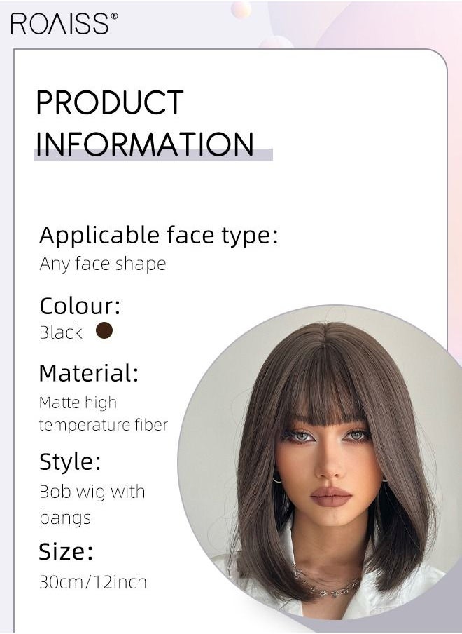 roaiss Black Bob Wig with Bangs, Short Straight Hair Wig for Women, Synthetic Natural Heat Resistant Fiber Wigs as Real Hair for Daily Wear, Party, Costume, Cosplay, 30cm (12 inches）  - Image 3