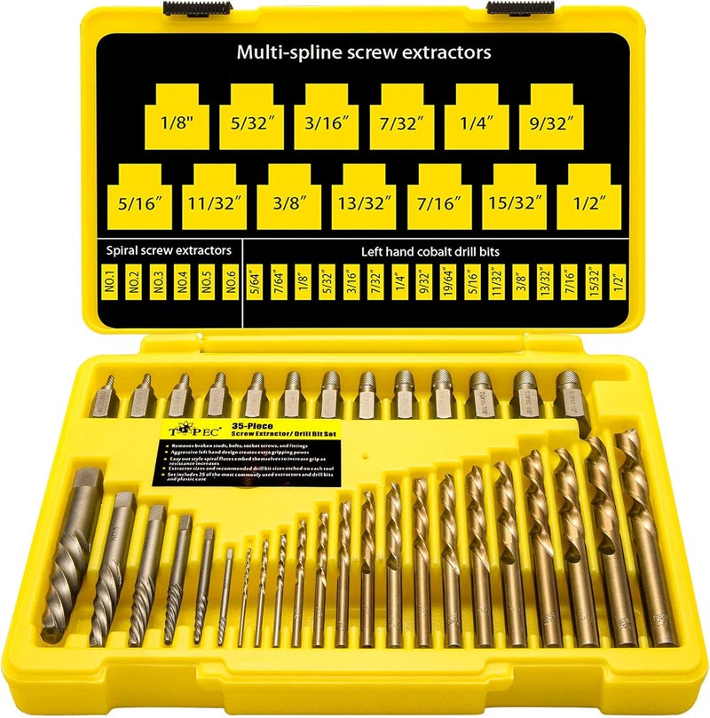 Topec 35-Piece Screw Extractor and Left Hand Drill Bits Set, Easy Out Screw Extractor Set with Reverse Drill Bits, Multi-Spline Extractors for Removing Broken Bolts and Stripped Screws - Image 1