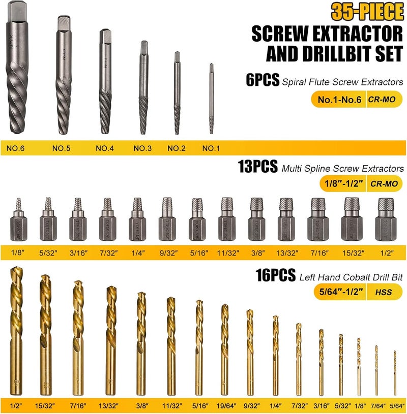 Topec 35-Piece Screw Extractor and Left Hand Drill Bits Set, Easy Out Screw Extractor Set with Reverse Drill Bits, Multi-Spline Extractors for Removing Broken Bolts and Stripped Screws - Image 2