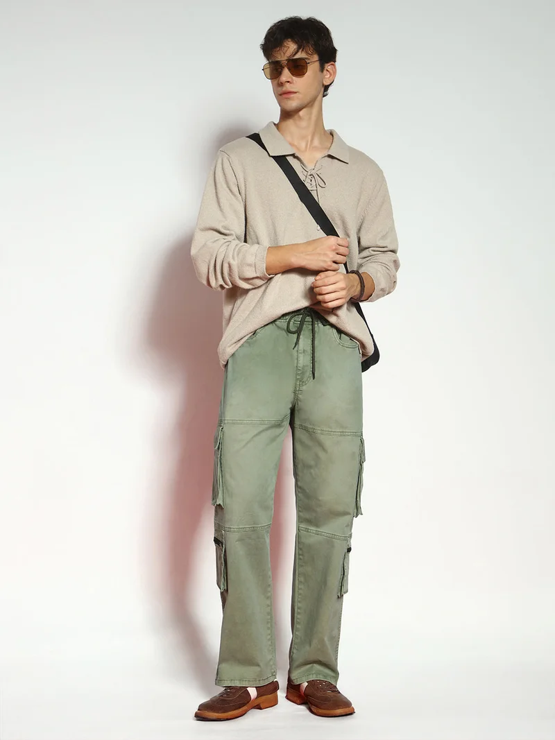 Urbano Fashion  Urbano Fashion Men's Olive Loose Baggy Fit Travel Cargo Jeans with 8 Pockets Stretchable  | Best Price UAE
