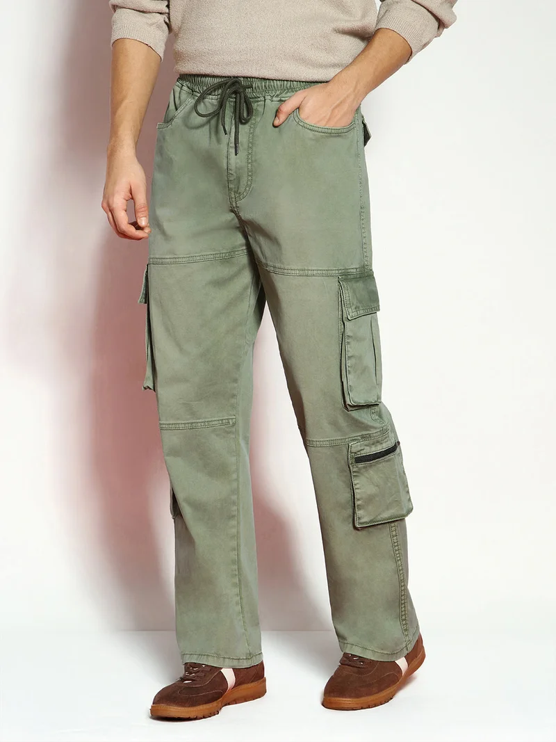 Urbano Fashion  Urbano Fashion Men's Olive Loose Baggy Fit Travel Cargo Jeans with 8 Pockets Stretchable  | Best Price UAE