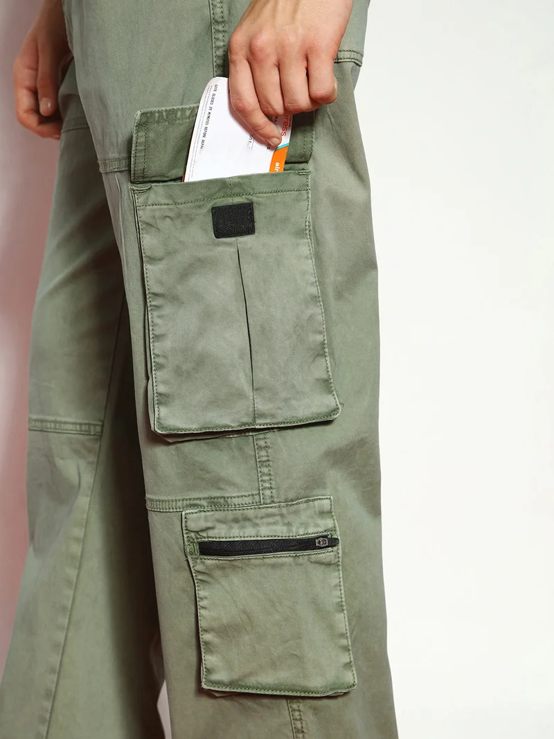 Urbano Fashion  Urbano Fashion Men's Olive Loose Baggy Fit Travel Cargo Jeans with 8 Pockets Stretchable  | Best Price UAE