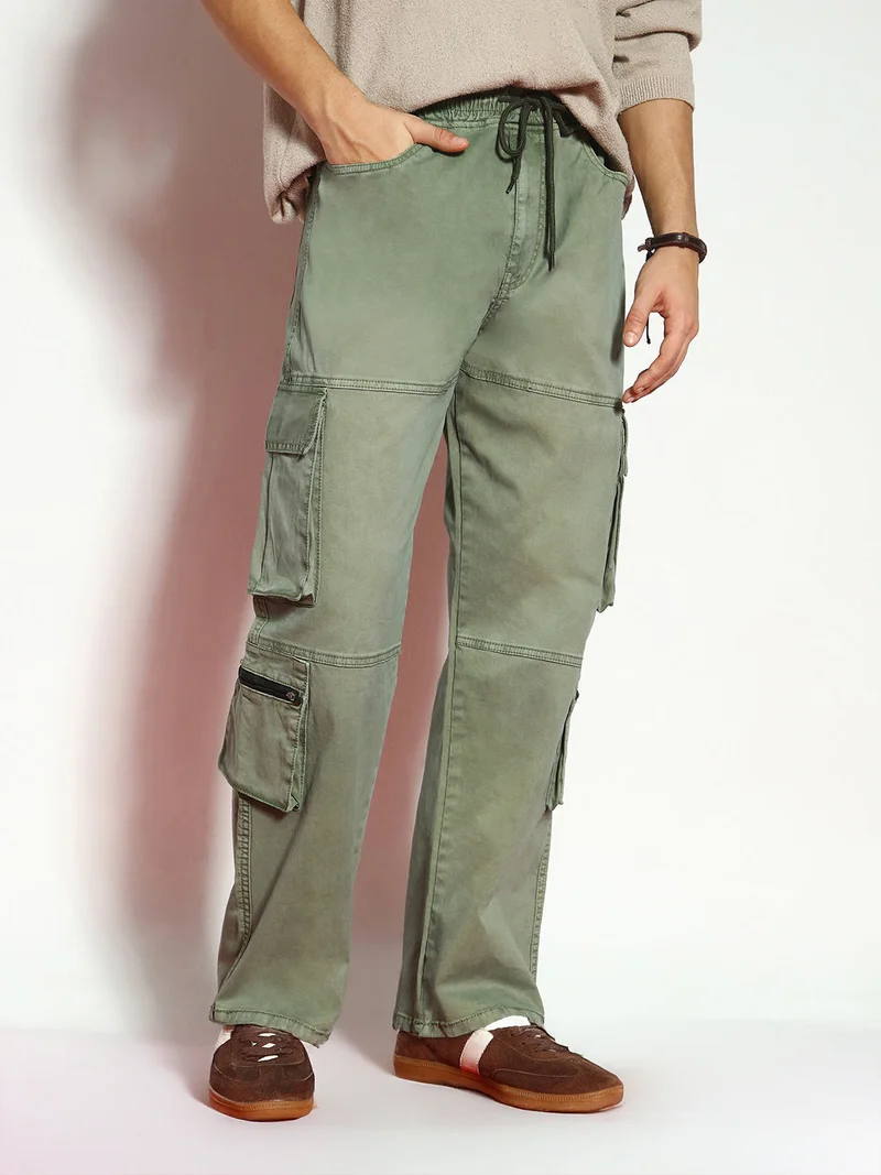 Urbano Fashion  Urbano Fashion Men's Olive Loose Baggy Fit Travel Cargo Jeans with 8 Pockets Stretchable  | Best Price UAE