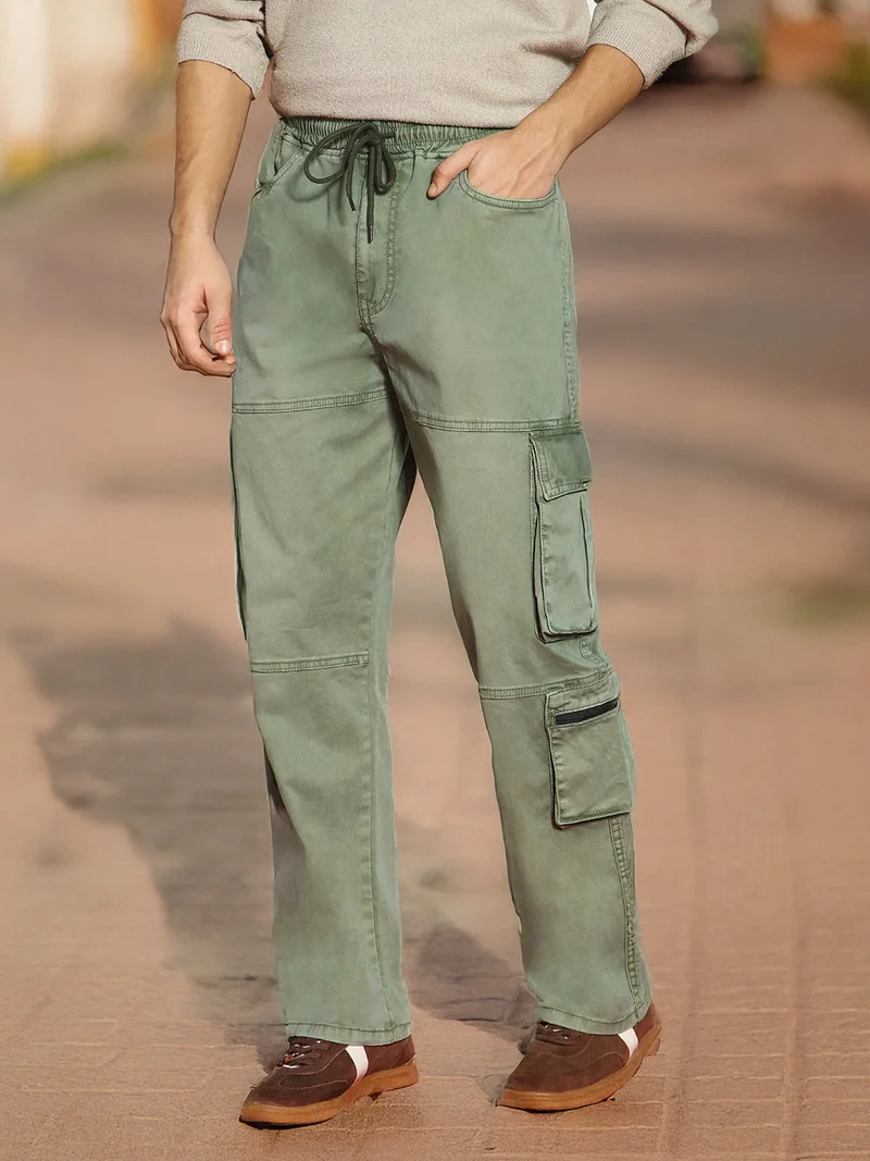 Urbano Fashion Men's Olive Loose Baggy Fit Travel Cargo Jeans with 8 Pockets Stretchable