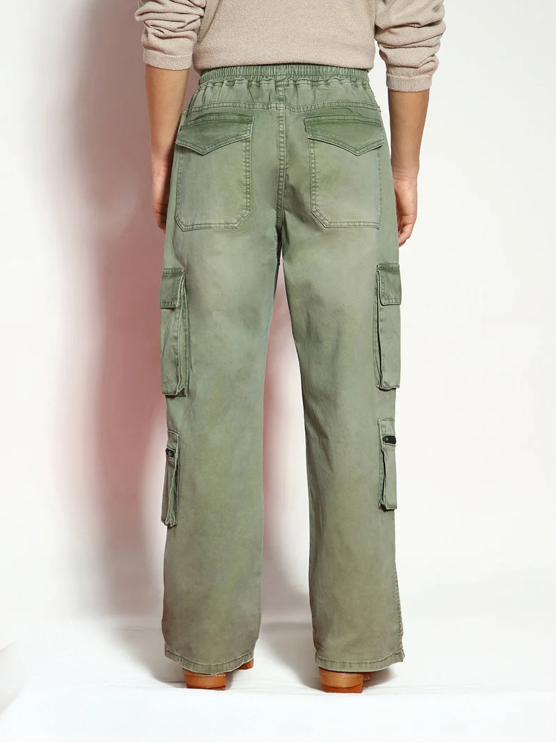 Urbano Fashion  Urbano Fashion Men's Olive Loose Baggy Fit Travel Cargo Jeans with 8 Pockets Stretchable  | Best Price UAE