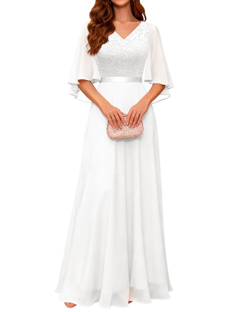 DRESSTELLS White Long Formal Dresses for Women, 2025 Fall V Back Mother of Bride Prom Party Evening Gown Cocktail Party Lace Dress Vestidos Elegantes De Mujer para Fiesta, L - Image 1