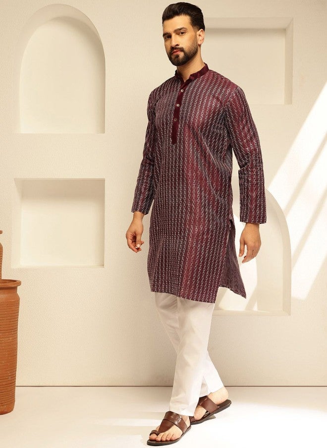 Sojanya Burgundy Geometric Embroidered Kurta for Men - Image 5