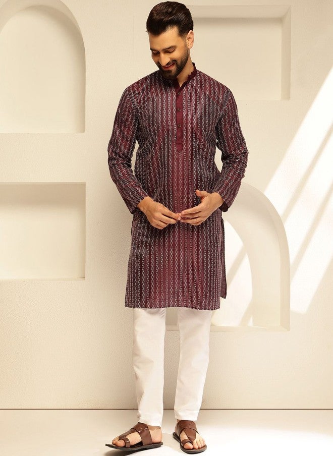 Sojanya Burgundy Geometric Embroidered Kurta for Men - Image 1
