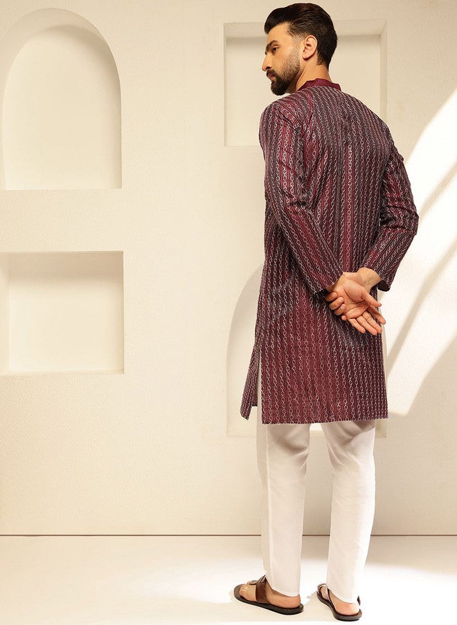 Sojanya Burgundy Geometric Embroidered Kurta for Men - Image 4