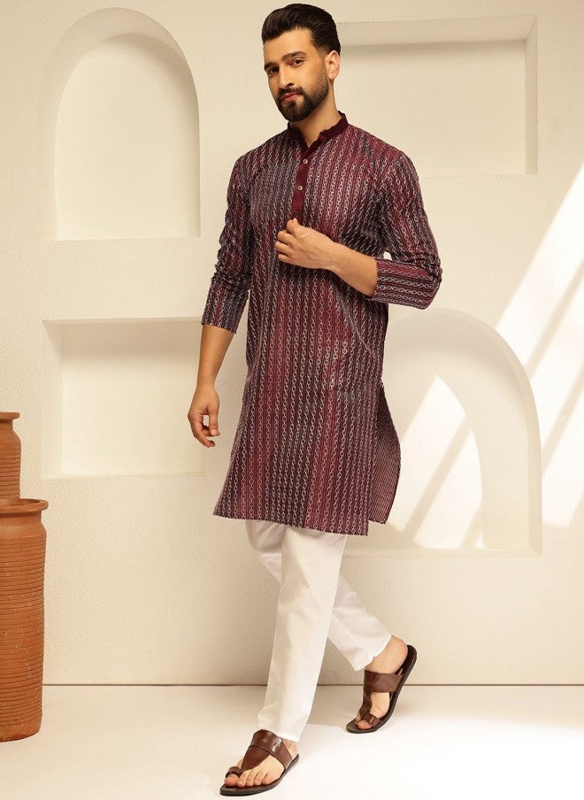 Sojanya Burgundy Geometric Embroidered Kurta for Men - Image 3