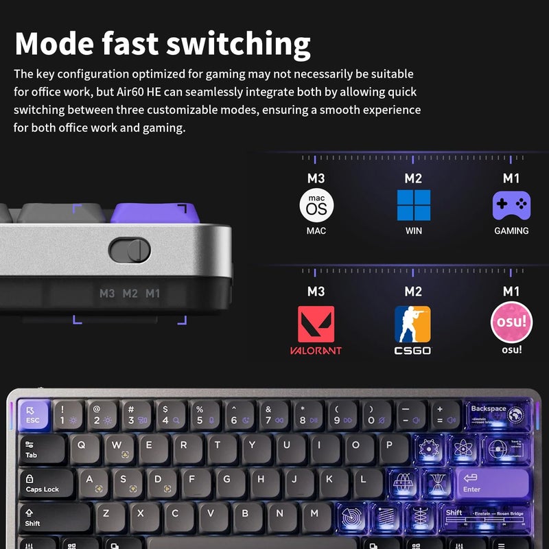 nuphy Air60 HE Wired Magnetic Gaming Keyboard,61 Keys Rapid Trigger,60% Compact,Actuation Point Adjustable, 8K Hz Polling Rate,Hall Effect Keyboard Low-Profile Magnetic Jade Switch - Image 4
