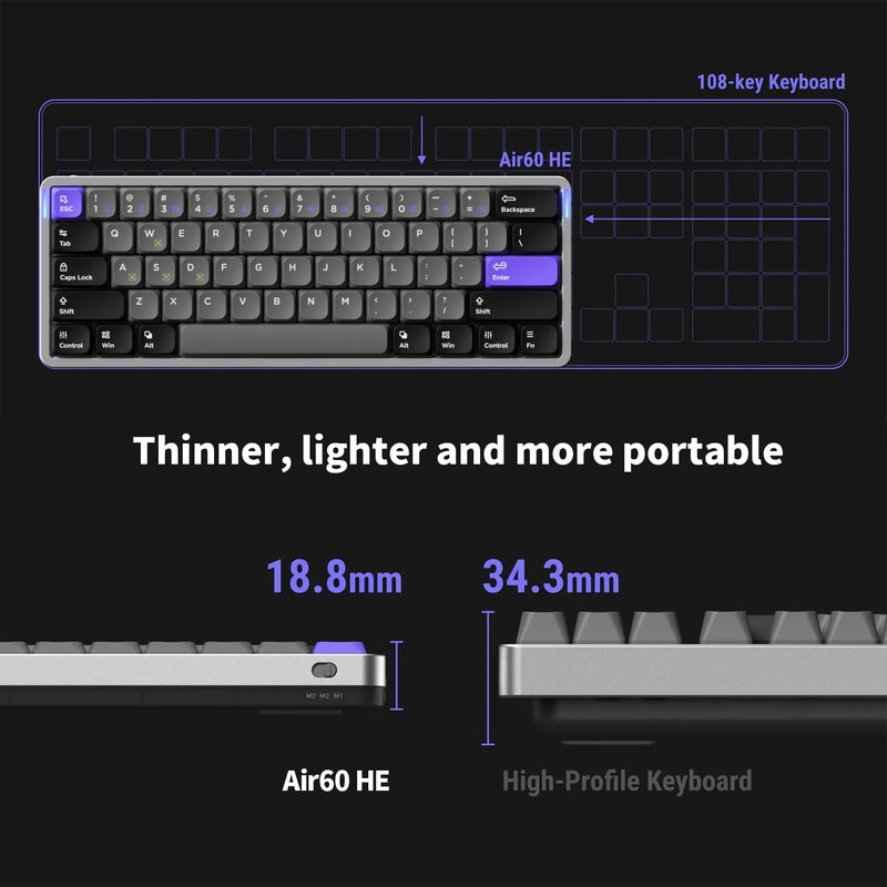 nuphy Air60 HE Wired Magnetic Gaming Keyboard,61 Keys Rapid Trigger,60% Compact,Actuation Point Adjustable, 8K Hz Polling Rate,Hall Effect Keyboard Low-Profile Magnetic Jade Switch - Image 3