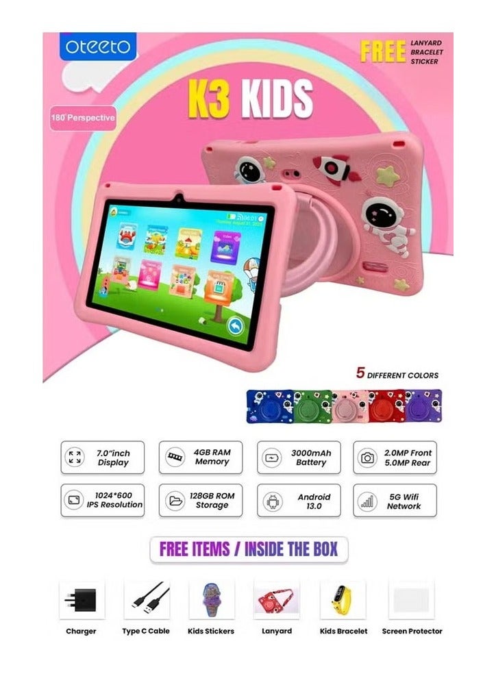 Oteeto Oteeto K3 Kids Tablet 7 Inch Android 13 Learning Tablet for Toddlers and Children 128GB WiFi Dual Camera Parental Controls Preloaded Educational Apps Shockproof Case Safe Kids Tablet with YouTube Touchscreen Device for Preschool Kindergarten and Early Learning  - Image 4