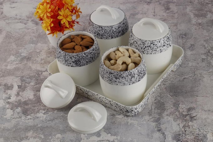 PLASTIC 4PC SET ROUND SHAPE DRY FRUIT GIFTING STORAGE CONTAINER JAR BOX WITH SERVING TRAY FOR SERVING SWEETS, CHOCOLATES (BLACK, PACK OF 4)