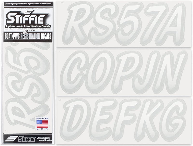 Stiffie Whipline White/Silver 3" Boat & PWC Registration Decals • Numbers Letters Stickers - Image 1