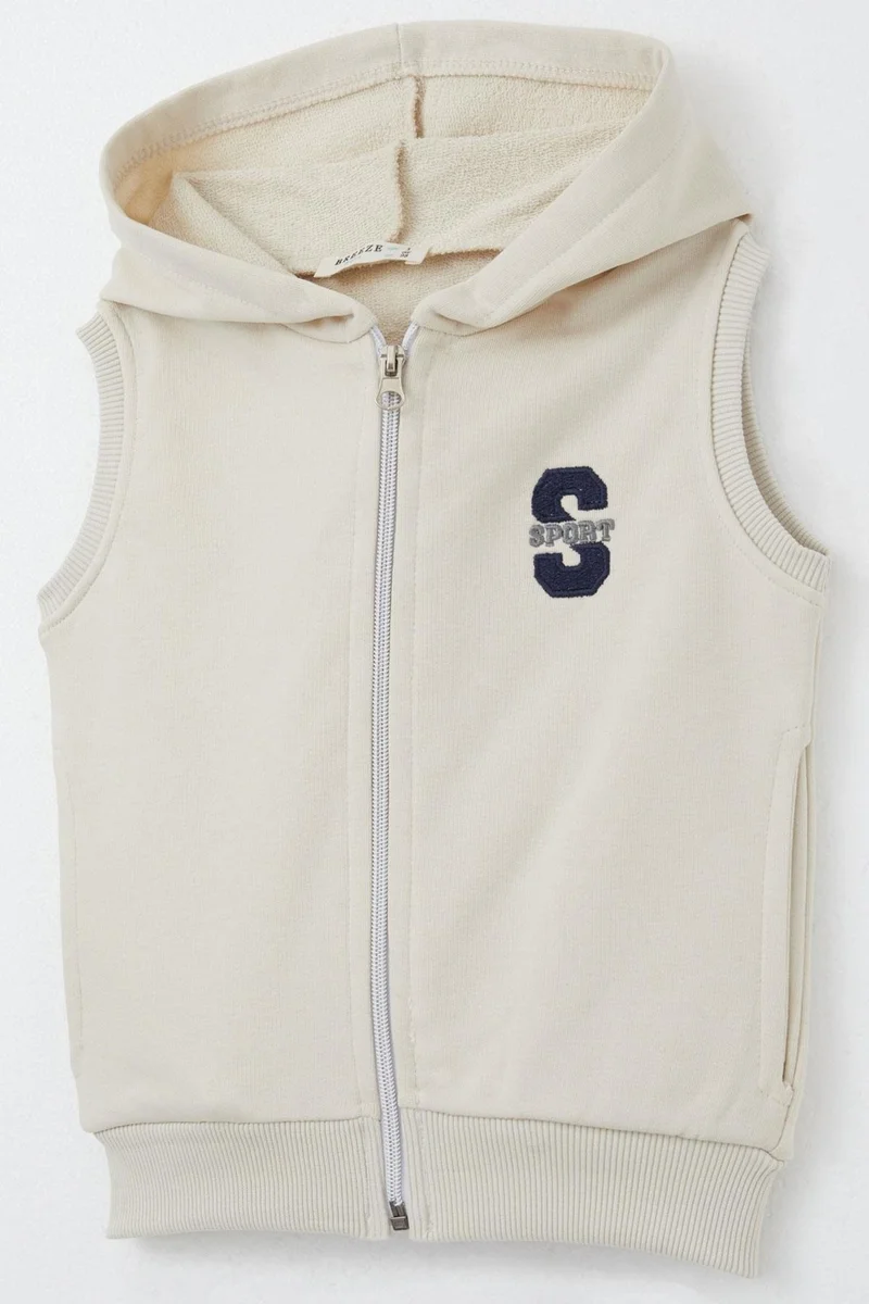 بريز Boy's Vest with Letter Embroidery and Zipper, 3-8 Years, Cream