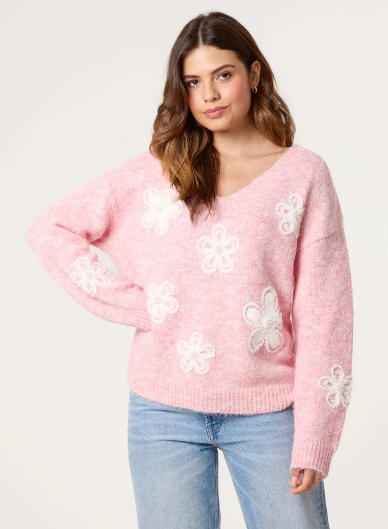 V Neck Flower And Pearl Jumper